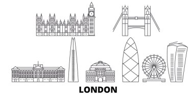 Birleşik Krallık, Londra hat seyahat silüeti seti. Birleşik Krallık, Londra anahat şehir vektör illüstrasyon, sembol, seyahat sights, Simgesel yapılar.