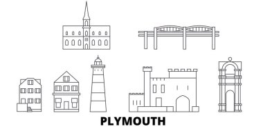 Birleşik Krallık, Plymouth hat seyahat silüeti seti. Birleşik Krallık, Plymouth anahat şehir vektör illüstrasyon, sembol, seyahat sights, Simgesel yapılar.