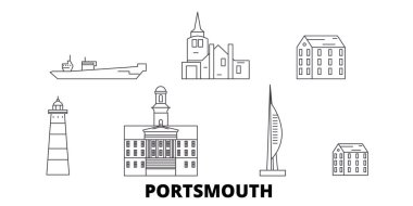 Birleşik Krallık, Portsmouth hat seyahat silüeti seti. Birleşik Krallık, Portsmouth anahat şehir vektör illüstrasyon, sembol, seyahat sights, Simgesel yapılar.
