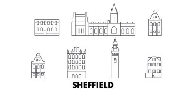 Birleşik Krallık, Sheffield hat seyahat silüeti seti. Birleşik Krallık, Sheffield Outline şehir vektör illüstrasyon, sembol, seyahat sights, Simgesel yapılar.