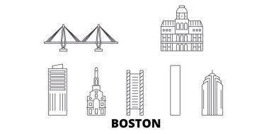 Amerika Birleşik Devletleri, Boston şehir hattı seyahat silüeti seti. Amerika Birleşik Devletleri, Boston City anahat şehir vektör illüstrasyon, sembol, seyahat sights, Simgesel yapılar.
