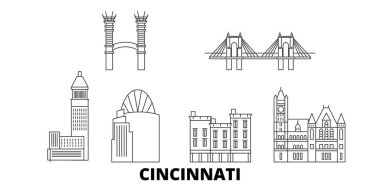 Amerika Birleşik Devletleri, Cincinnati hat seyahat silüeti seti. Amerika Birleşik Devletleri, Cincinnati anahat şehir vektör illüstrasyon, sembol, seyahat sights, Simgesel yapılar.