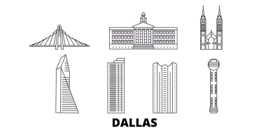 Amerika Birleşik Devletleri, Dallas hat seyahat silüeti seti. Amerika Birleşik Devletleri, Dallas anahat şehir vektör illüstrasyon, sembol, seyahat sights, Simgesel yapılar.