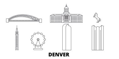 Amerika Birleşik Devletleri, Denver hat seyahat silüeti seti. Amerika Birleşik Devletleri, Denver anahat şehir vektör illüstrasyon, sembol, seyahat sights, Simgesel yapılar.