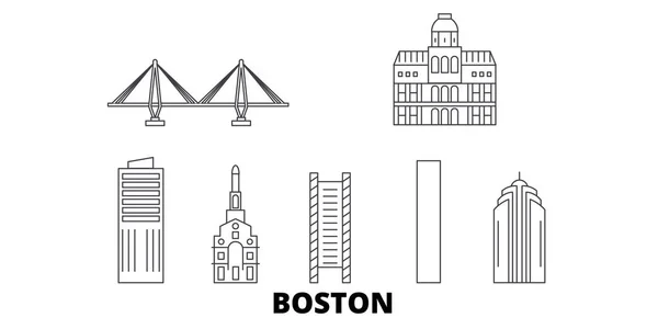 Amerika Birleşik Devletleri, Boston şehir hattı seyahat silüeti seti. Amerika Birleşik Devletleri, Boston City anahat şehir vektör illüstrasyon, sembol, seyahat sights, Simgesel yapılar. — Stok Vektör