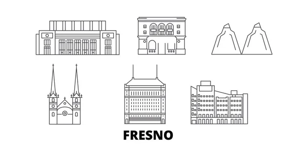 Stati Uniti, Fresno line travel skyline set. Stati Uniti, Fresno contorno città vettoriale illustrazione, simbolo, luoghi di viaggio, punti di riferimento . — Vettoriale Stock