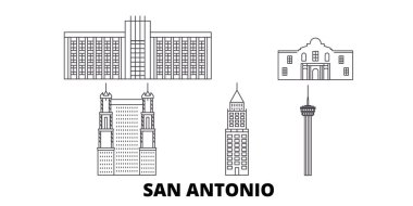 Amerika Birleşik Devletleri, San Antonio hat seyahat silüeti seti. Amerika Birleşik Devletleri, San Antonio anahat şehir vektör illüstrasyon, sembol, seyahat sights, Simgesel yapılar.