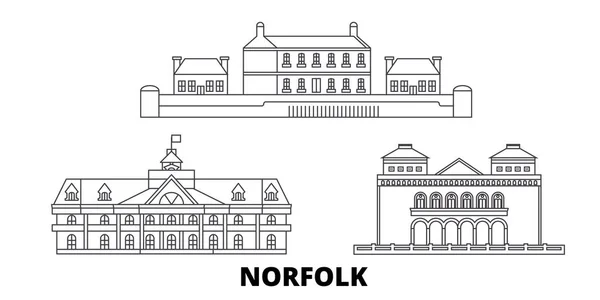 Estados Unidos, horizonte de viajes de la línea Norfolk. Estados Unidos, Norfolk esbozar ilustración vectorial de la ciudad, símbolo, lugares de interés turístico, lugares de interés . — Vector de stock