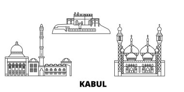 Afganistan, Kabil hattı seyahat silüeti seti. Afganistan, Kabil anahat şehir vektör illüstrasyon, sembol, seyahat sights, Simgesel yapılar.