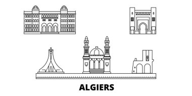 Algiers hat seyahat silüeti seti. Cezayir anahat şehir vektör illüstrasyon, sembol, seyahat sights, Simgesel yapılar.