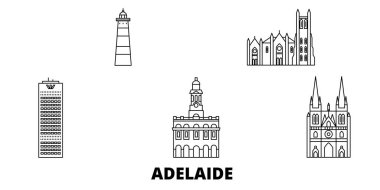Avustralya, Adelaide hat seyahat silüeti seti. Avustralya, Adelaide anahat şehir vektör illüstrasyon, sembol, seyahat sights, Simgesel yapılar.