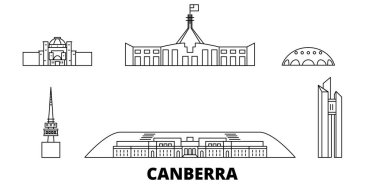 Avustralya, Canberra hat seyahat silüeti seti. Avustralya, Canberra anahat şehir vektör illüstrasyon, sembol, seyahat sights, Simgesel yapılar.
