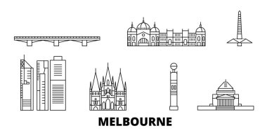 Avustralya, Melbourne hat seyahat silüeti seti. Avustralya, Melbourne anahat şehir vektör illüstrasyon, sembol, seyahat sights, Simgesel yapılar.