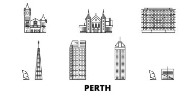 Avustralya, Perth hat seyahat silüeti seti. Avustralya, Perth anahat şehir vektör illüstrasyon, sembol, seyahat sights, Simgesel yapılar.