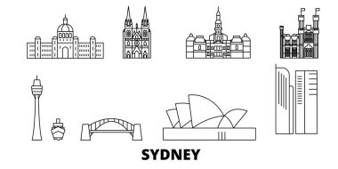 Avustralya, Sydney hat seyahat silüeti seti. Avustralya, Sydney anahat şehir vektör illüstrasyon, sembol, seyahat sights, Simgesel yapılar.