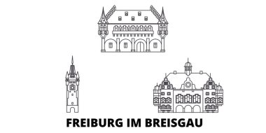 Almanya, Freiburg ım Breisgau hat seyahat silüeti seti. Almanya, Freiburg ım Breisgau anahat şehir vektör illüstrasyon, sembol, seyahat sights, Simgesel yapılar.