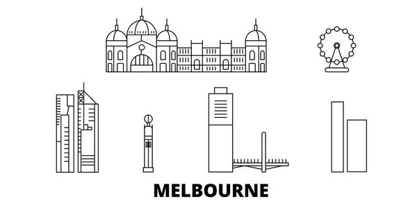 澳大利亚, 墨尔本城市线旅游天际线设置。澳大利亚, 墨尔本城市概述城市矢量插图, 符号, 旅游景点, 地标. — 图库矢量图片