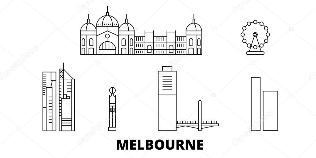Australia, Melbourne City line travel skyline set. Australia, Melbourne City outline city vector illustration, symbol, travel sights, landmarks.