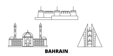 Bahreyn hat seyahat silüeti seti. Bahreyn anahat şehir vektör illüstrasyon, sembol, seyahat sights, Simgesel yapılar.