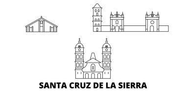Bolivya, Santa Cruz de la Sierra hat seyahat silüeti seti. Bolivya, Santa Cruz de la Sierra anahat şehir vektör illüstrasyon, sembol, seyahat sights, Simgesel yapılar.