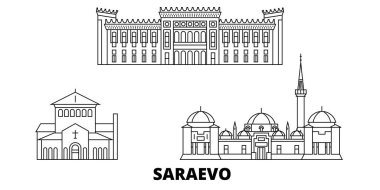 Bosna-Hersek, Saraevo hattı seyahat silüeti seti. Bosna-Hersek, Saraevo anahat şehir vektör illüstrasyon, sembol, seyahat sights, Simgesel yapılar.