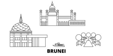 Brunei hattı seyahat silüeti seti. Brunei anahat şehir vektör illüstrasyon, sembol, seyahat sights, Simgesel yapılar.