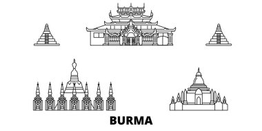 Burma hattı seyahat silüeti seti. Burma anahat şehir vektör illüstrasyon, sembol, seyahat sights, Simgesel yapılar.