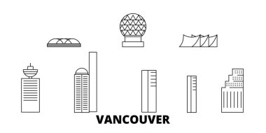Kanada, Vancouver şehir hattı seyahat silüeti seti. Kanada, Vancouver şehir anahat şehir vektör illüstrasyon, sembol, seyahat sights, Simgesel yapılar.