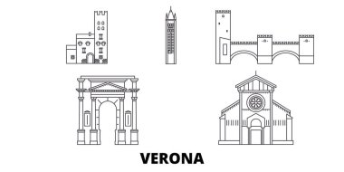 İtalya, Verona şehir hattı seyahat silüeti seti. İtalya, Verona şehir anahat şehir vektör illüstrasyon, sembol, seyahat sights, Simgesel yapılar.
