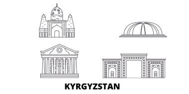 Kırgızistan hat seyahat silüeti seti. Kırgızistan anahat şehir vektör illüstrasyon, sembol, seyahat sights, Simgesel yapılar.