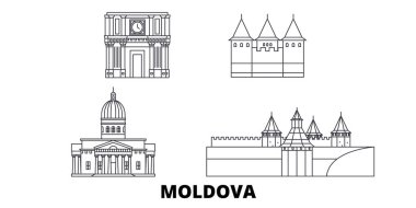 Moldova hat seyahat silüeti seti. Moldova anahat şehir vektör illüstrasyon, sembol, seyahat sights, Simgesel yapılar.