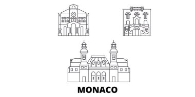 Monaco hattı seyahat silüeti seti. Monako anahat şehir vektör illüstrasyon, sembol, seyahat sights, Simgesel yapılar.