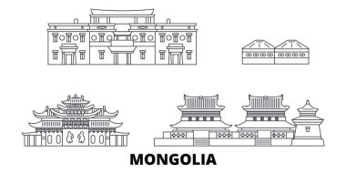 Moğolistan hat seyahat silüeti seti. Moğolistan anahat şehir vektör illüstrasyon, sembol, seyahat sights, Simgesel yapılar.