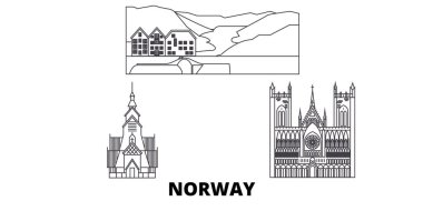 Norveç hat seyahat silüeti seti. Norveç anahat şehir vektör illüstrasyon, sembol, seyahat sights, Simgesel yapılar.