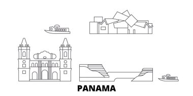 Panama hattı seyahat silüeti seti. Panama anahat şehir vektör illüstrasyon, sembol, seyahat sights, Simgesel yapılar.