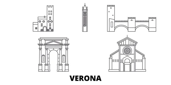 意大利维罗纳市线旅游天际线集。意大利, 维罗纳市概述城市向量例证, 标志, 游览景点, 地标. — 图库矢量图片