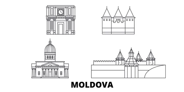 Moldavie ligne Voyage skyline ensemble. Moldavie contour ville vecteur illustration, symbole, sites touristiques, points de repère . — Image vectorielle