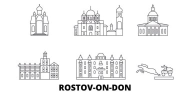 Rusya, Rostov on Don hattı seyahat silüeti seti. Rusya, Rostov on Don anahat şehir vektör illüstrasyon, sembol, seyahat sights, Simgesel yapılar.