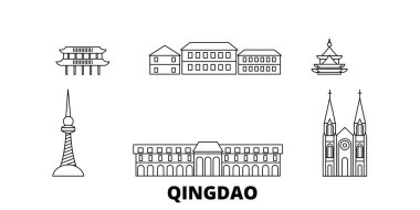 Çin, Qingdao hat seyahat silüeti seti. Çin, Qingdao anahat şehir vektör illüstrasyon, sembol, seyahat sights, Simgesel yapılar.