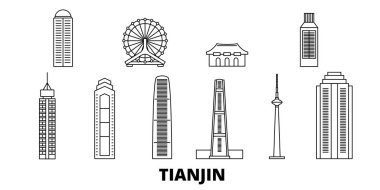Çin, Tianjin hattı seyahat silüeti seti. Çin, Tianjin anahat şehir vektör illüstrasyon, sembol, seyahat sights, Simgesel yapılar.