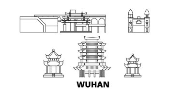 Çin, Wuhan hat seyahat silüeti seti. Çin, Wuhan anahat şehir vektör illüstrasyon, sembol, seyahat sights, Simgesel yapılar.