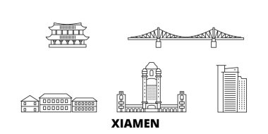 Çin, Xiamen hattı seyahat silüeti seti. Çin, Xiamen anahat şehir vektör illüstrasyon, sembol, seyahat sights, Simgesel yapılar.