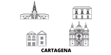 Kolombiya, Cartagena hat seyahat silüeti seti. Kolombiya, Cartagena anahat şehir vektör illüstrasyon, sembol, seyahat sights, Simgesel yapılar.