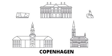 Danimarka, Kopenhag hat seyahat silüeti seti. Danimarka, Kopenhag anahat şehir vektör illüstrasyon, sembol, seyahat sights, Simgesel yapılar.