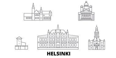 Finlandiya, Helsinki hat seyahat silüeti seti. Finlandiya, Helsinki anahat şehir vektör illüstrasyon, sembol, seyahat sights, Simgesel yapılar.