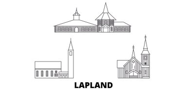Finlandiya, Lapland hat seyahat silüeti seti. Finlandiya, Lapland anahat şehir vektör illüstrasyon, sembol, seyahat sights, Simgesel yapılar.