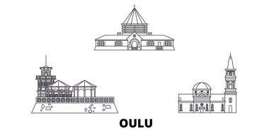 Finlandiya, Oulu hat seyahat silüeti seti. Finlandiya, Oulu anahat şehir vektör illüstrasyon, sembol, seyahat sights, Simgesel yapılar.