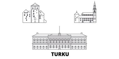 Finlandiya, Turku hat seyahat silüeti seti. Finlandiya, Turku anahat şehir vektör illüstrasyon, sembol, seyahat sights, Simgesel yapılar.