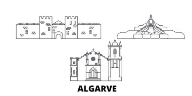 Portekiz, Algarve hat seyahat silüeti seti. Portekiz, Algarve anahat şehir vektör illüstrasyon, sembol, seyahat sights, Simgesel yapılar.