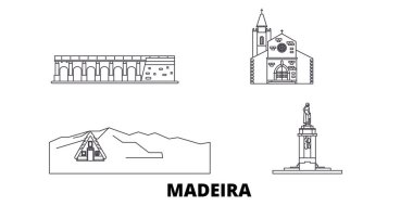 Portekiz, Madeira hat seyahat silüeti seti. Portekiz, Madeira anahat şehir vektör illüstrasyon, sembol, seyahat sights, Simgesel yapılar.